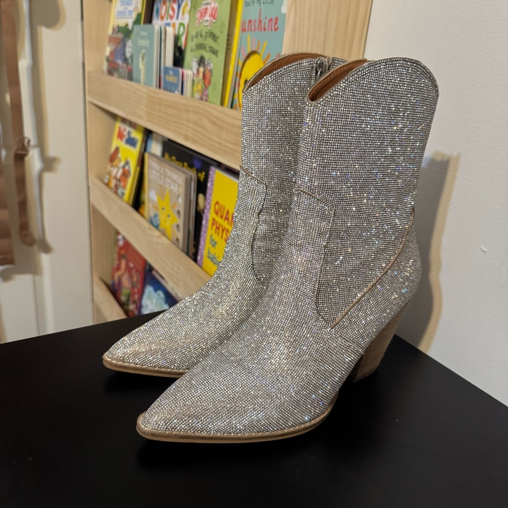 Autumn Western Glitz Ankle Boot Buckle Silver Sparkle Rhinestone Heeled Boots - Picture 13 of 15